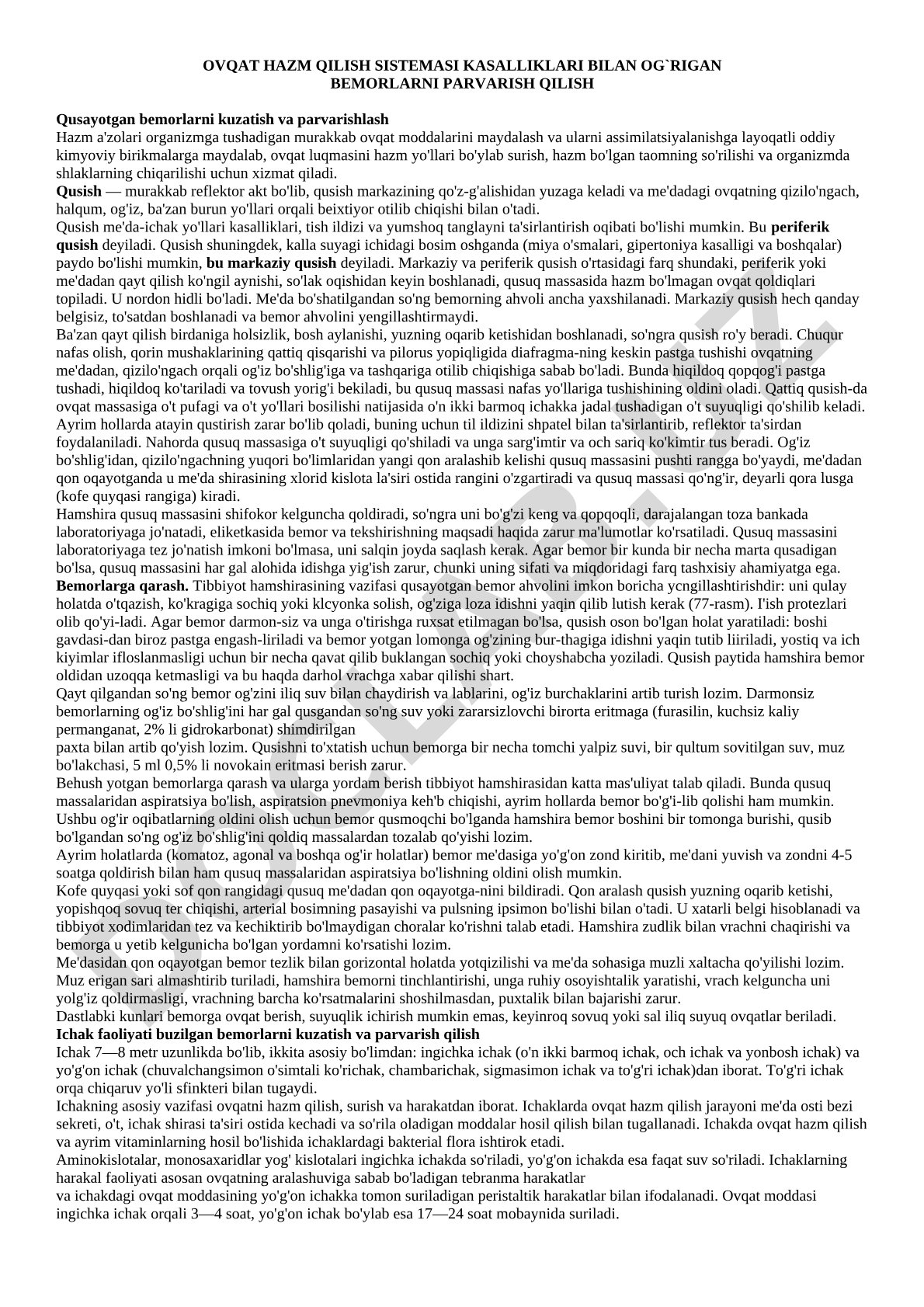 Ovqat hazm qilish sistemasi kasalliklari bilan og'rigan bemorlarni parvarish qilish