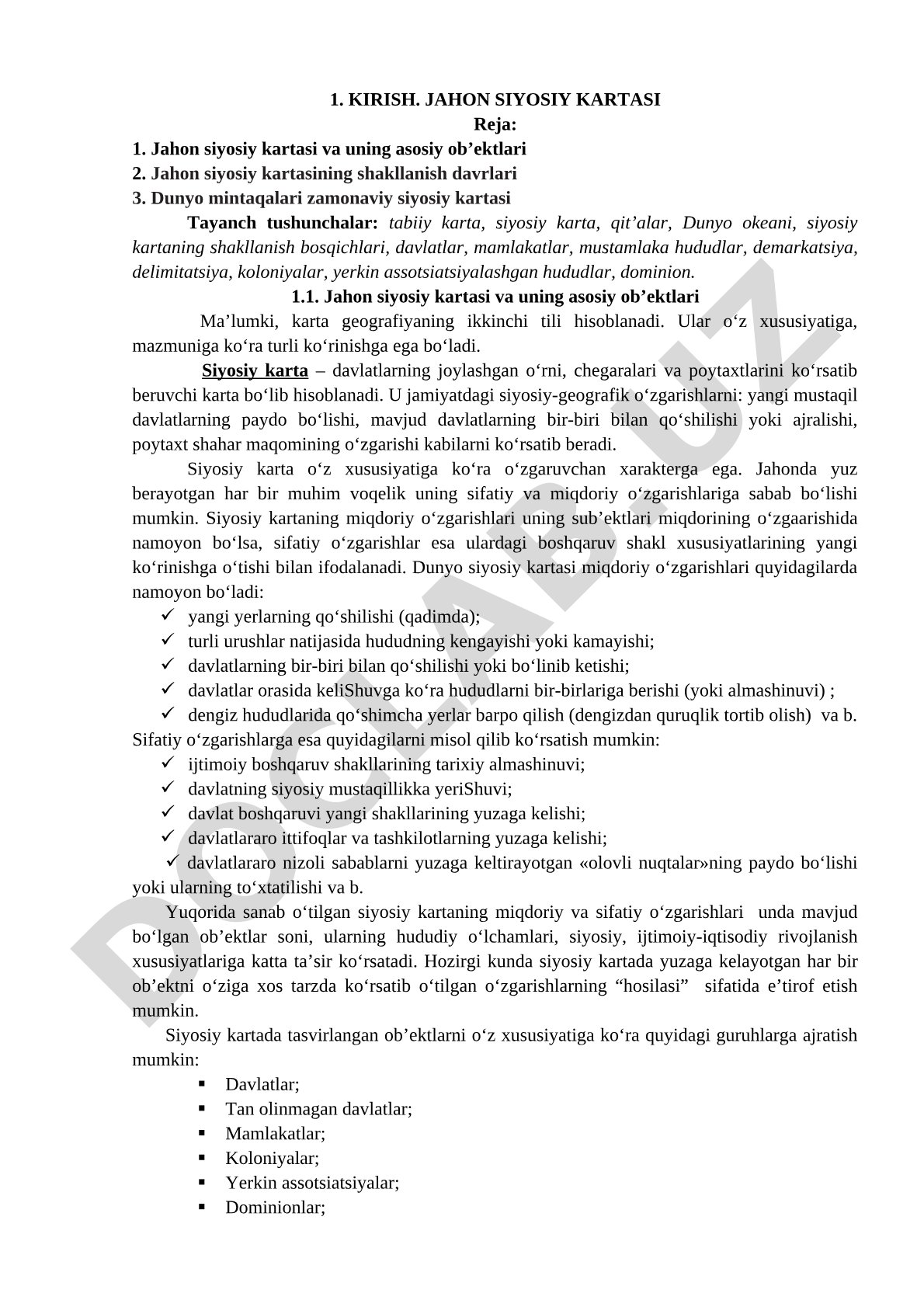 Jahon siyosiy kartasi, uning ob'ektlari, shakllanish davrlari va mintaqalar