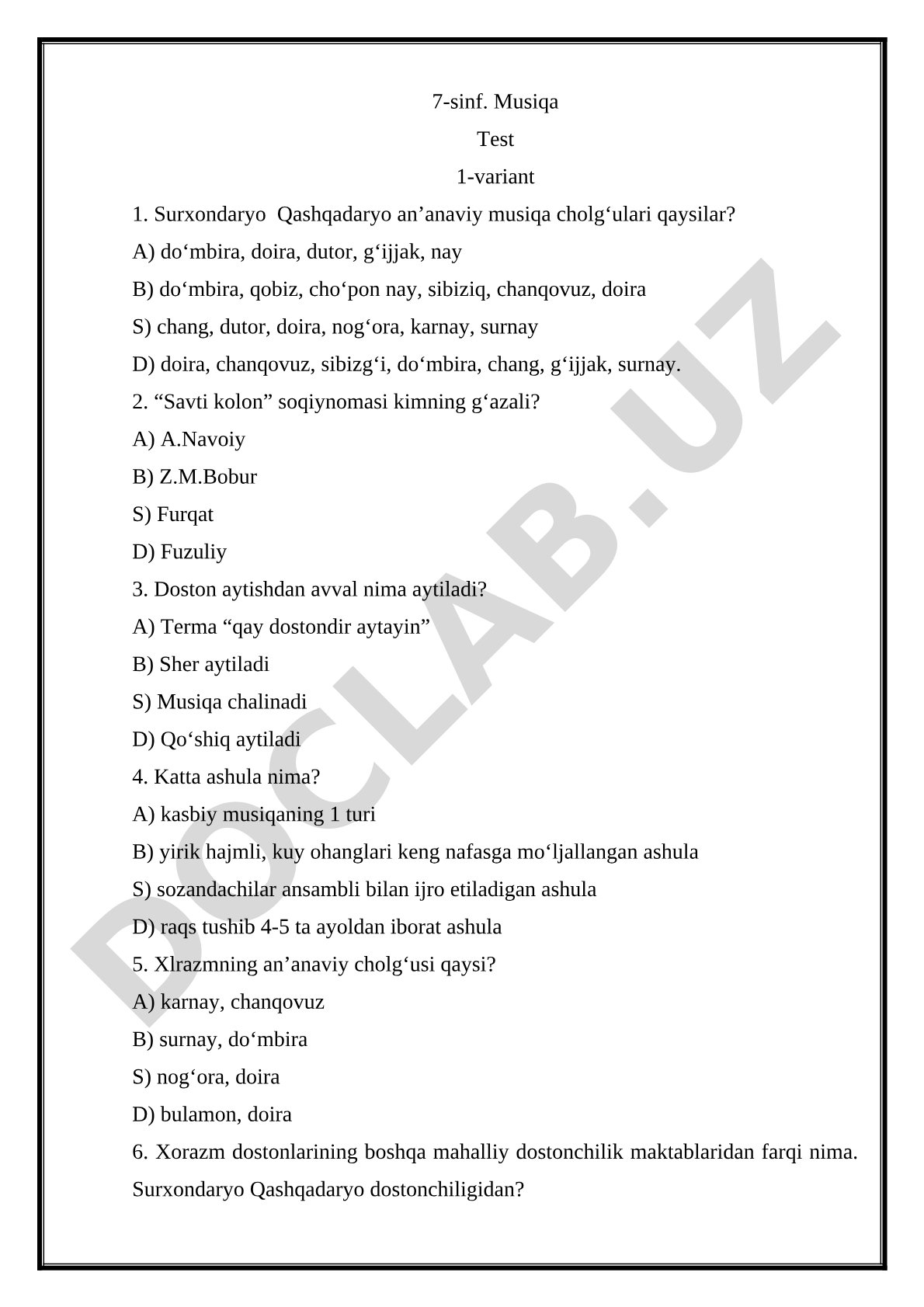 7-sinf musiqa fanidan 1-variant test savollari