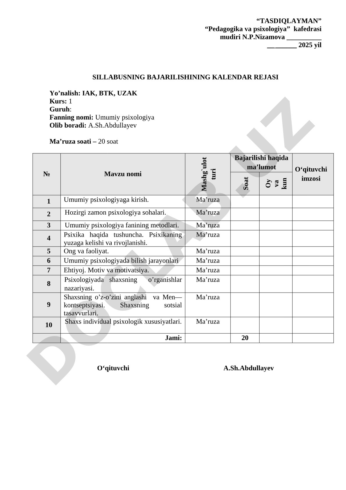 Umumiy psixologiya fanining kalendar rejasi
