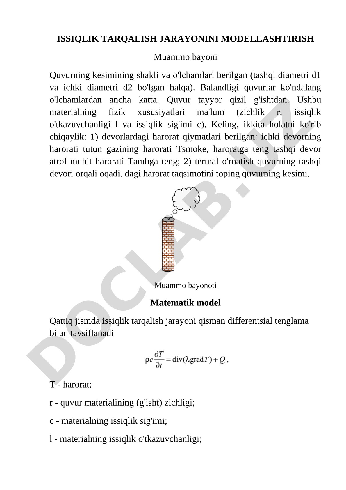 Issiqlik tarqalish jarayonini modellashtirish