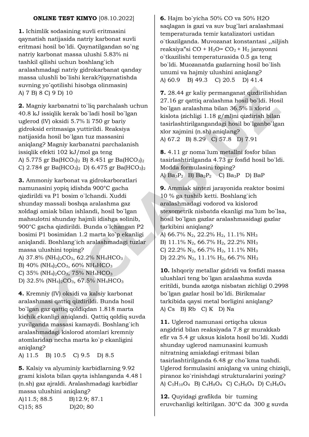 Kimyo fanidan online test savollari