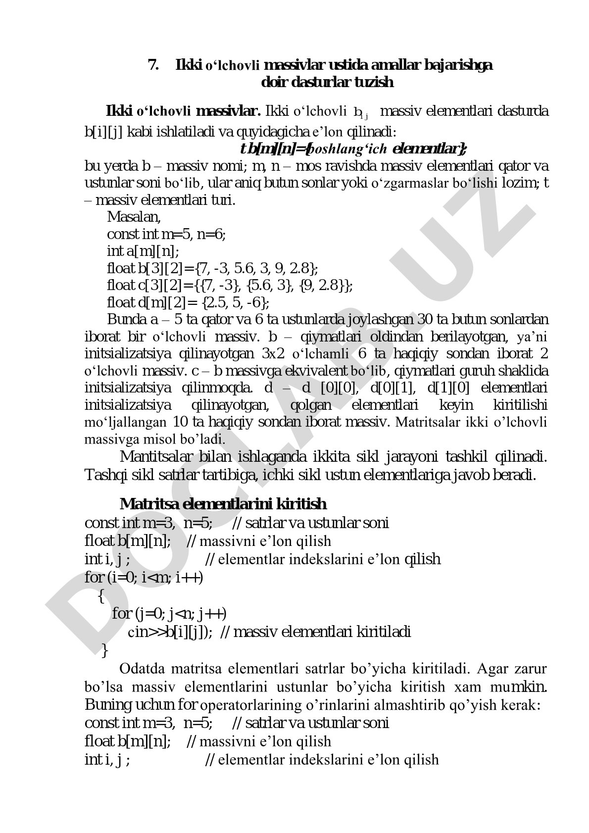 Ikki o‘lchovli massivlar ustida amallar bajarishga doir dasturlar tuzish