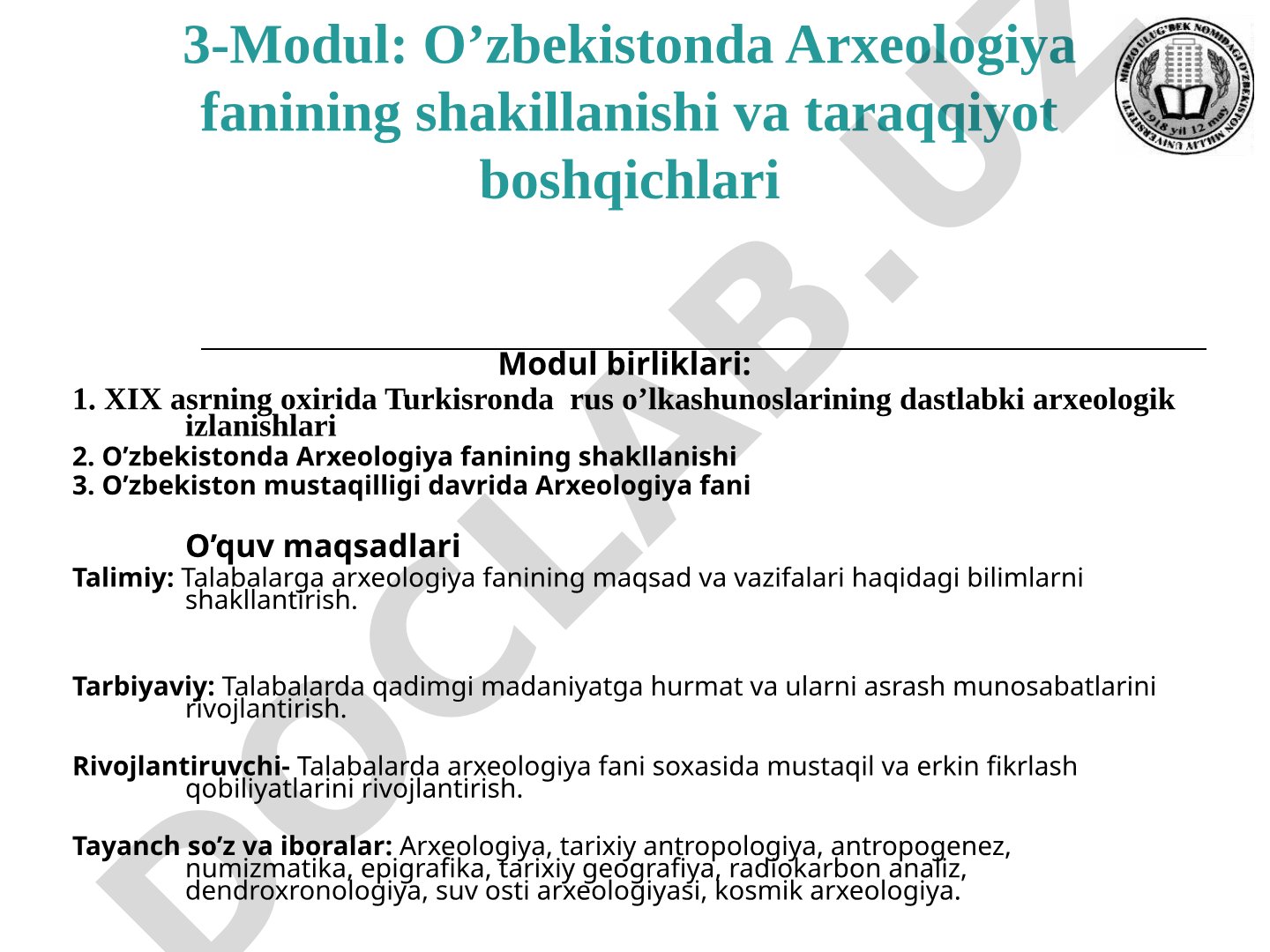 O’zbekistonda Arxeologiya fanining shakillanishi va taraqqiyot boshqichlari