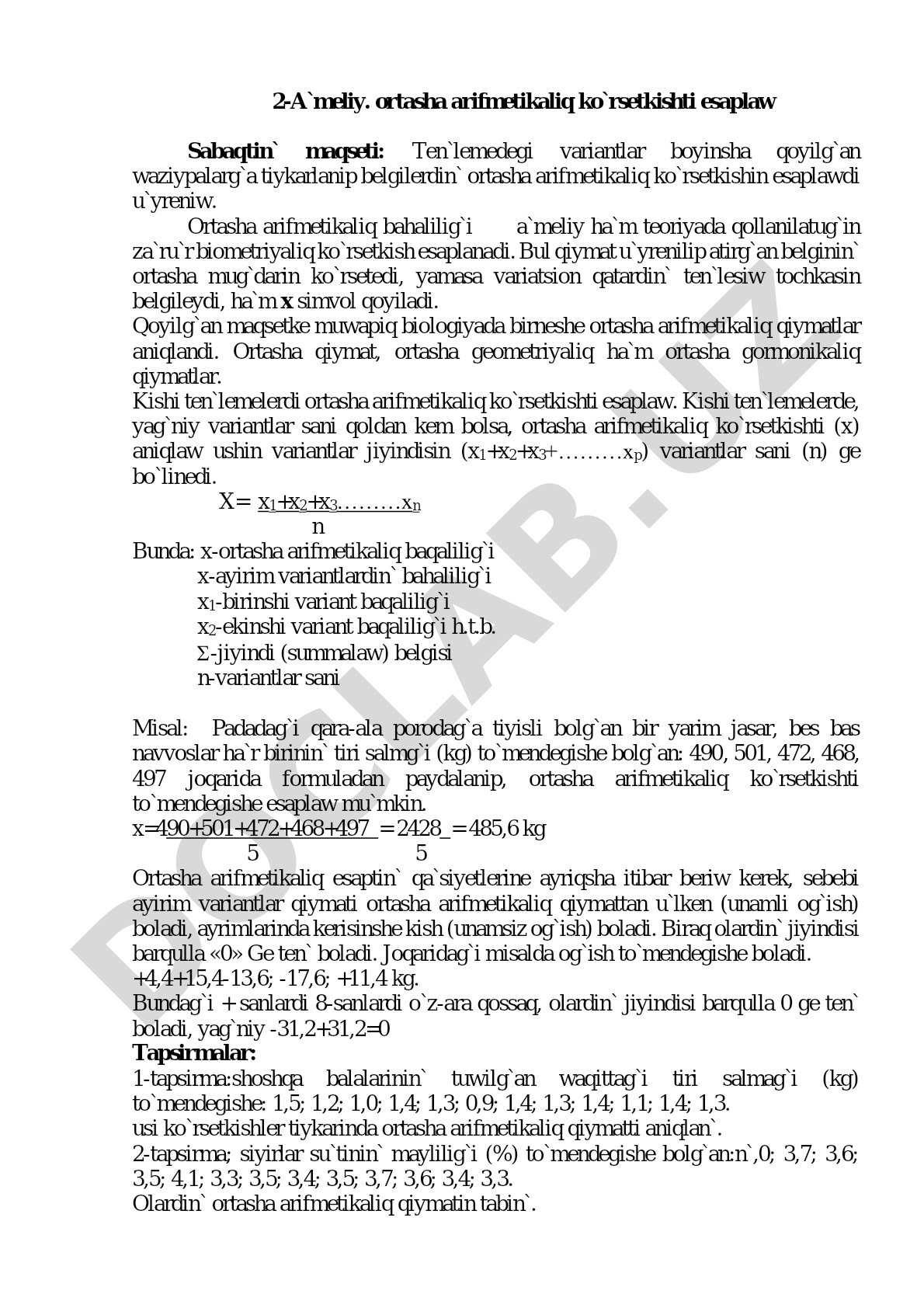 ortasha arifmetikaliq ko`rsetkishti esaplaw