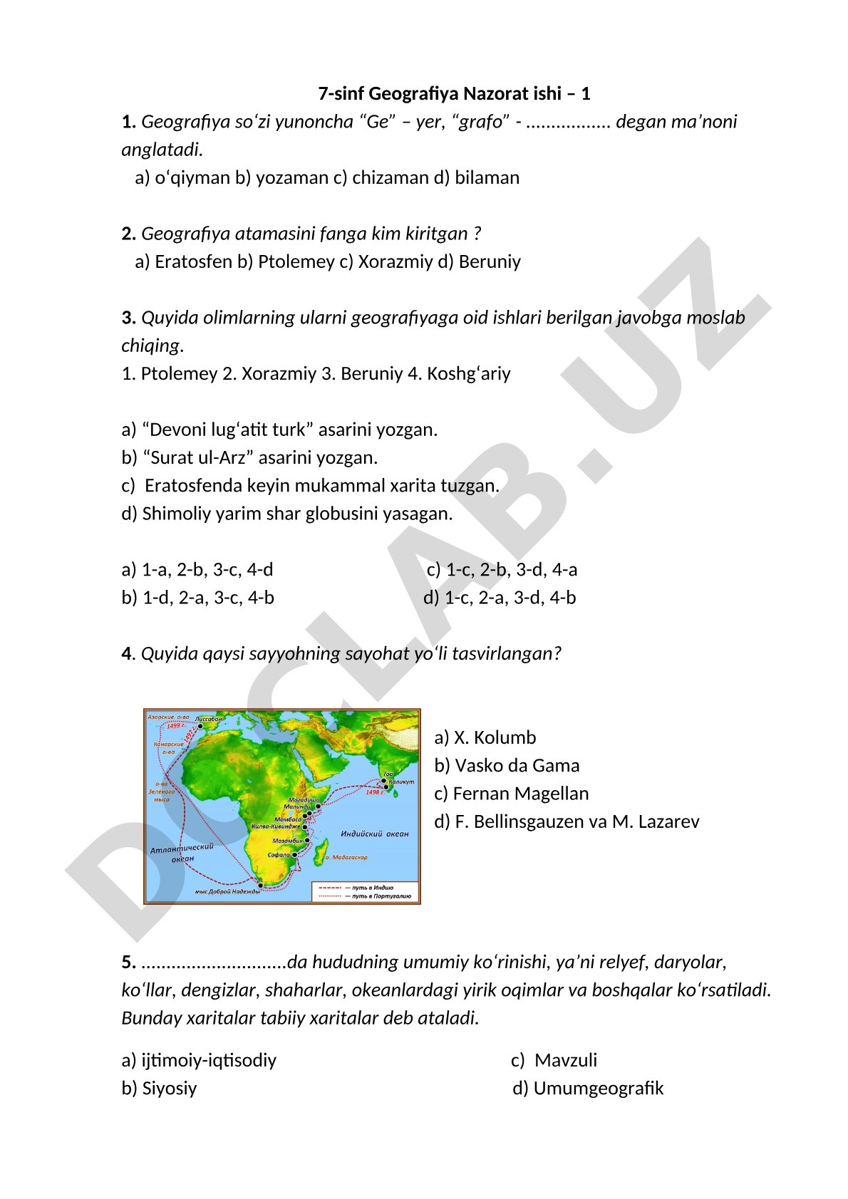 Geografiya 7-sinf nazorat ishi - 1
