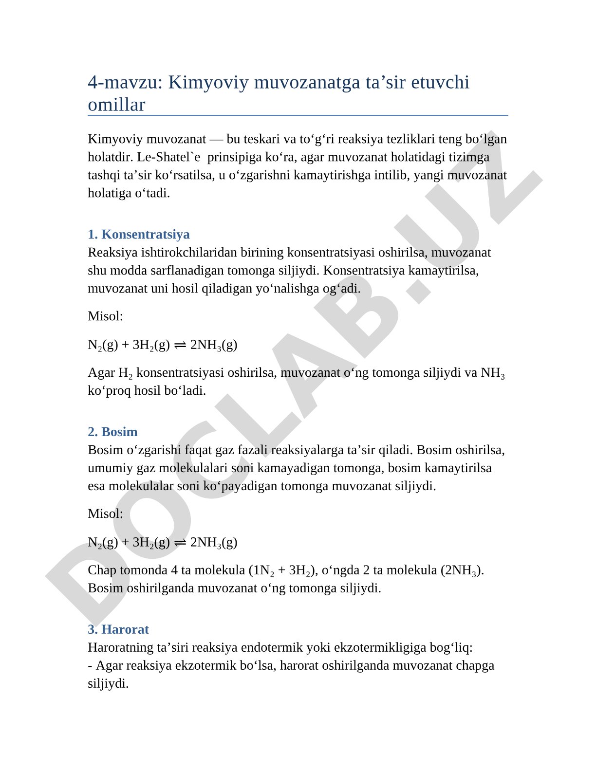 Kimyoviy muvozanatga ta'sir etuvchi omillar