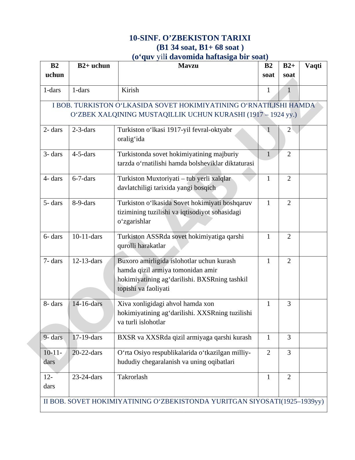 10-sinf O'zbekiston tarixi o'quv dasturi