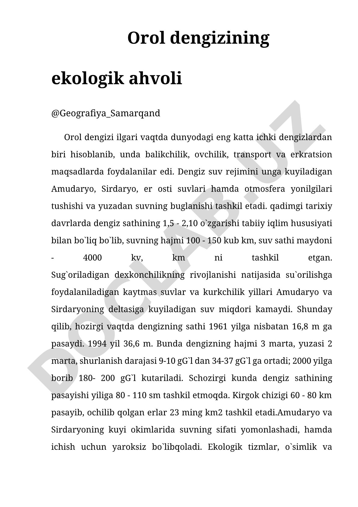 Orol dengizining ekologik ahvoli