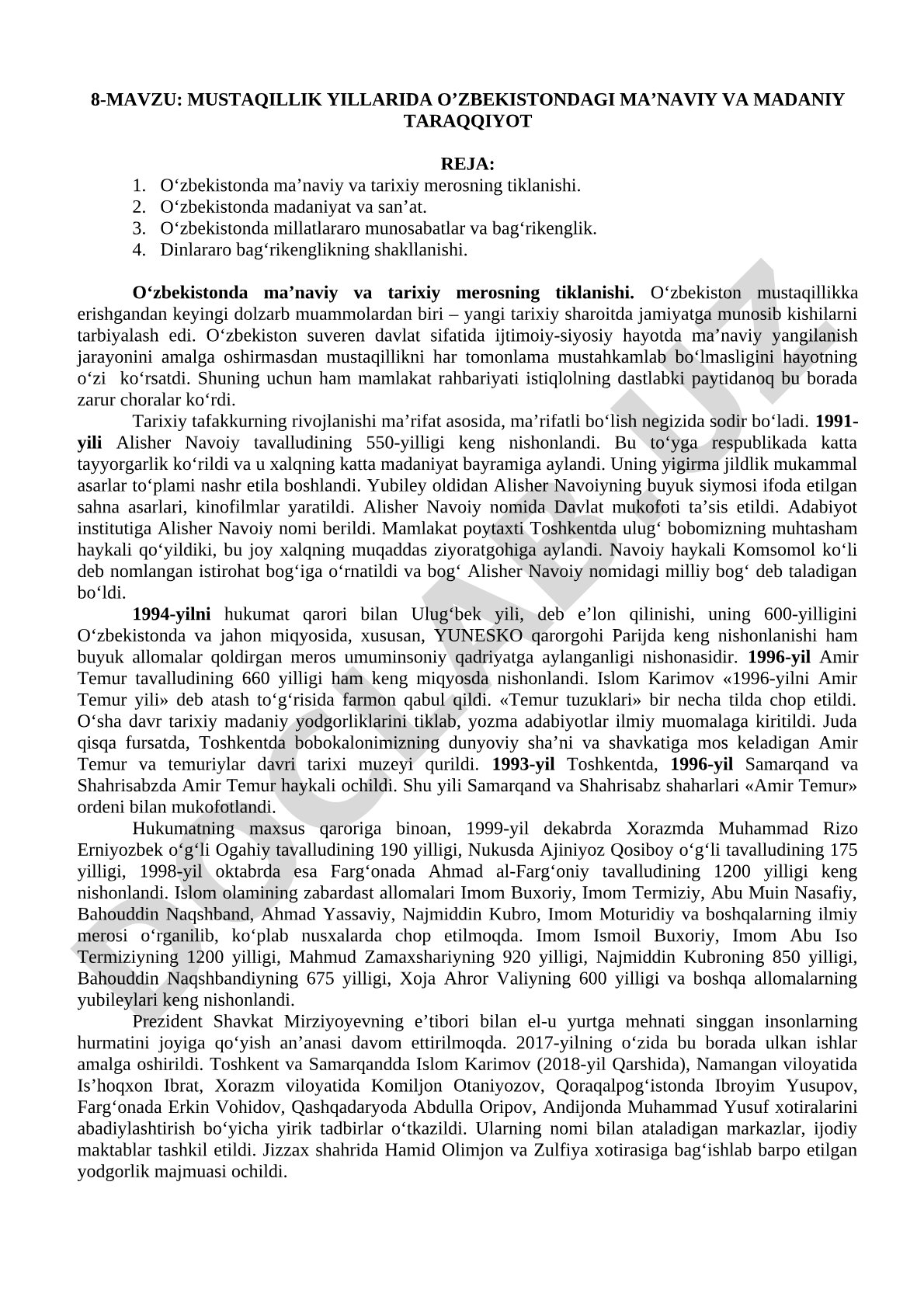Mustaqillik yillarida O'zbekistondagi ma'naviy va madaniy taraqqiyot