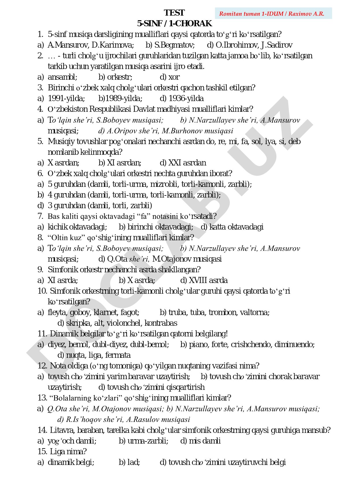 5-sinf musiqa fanidan 1-chorak test