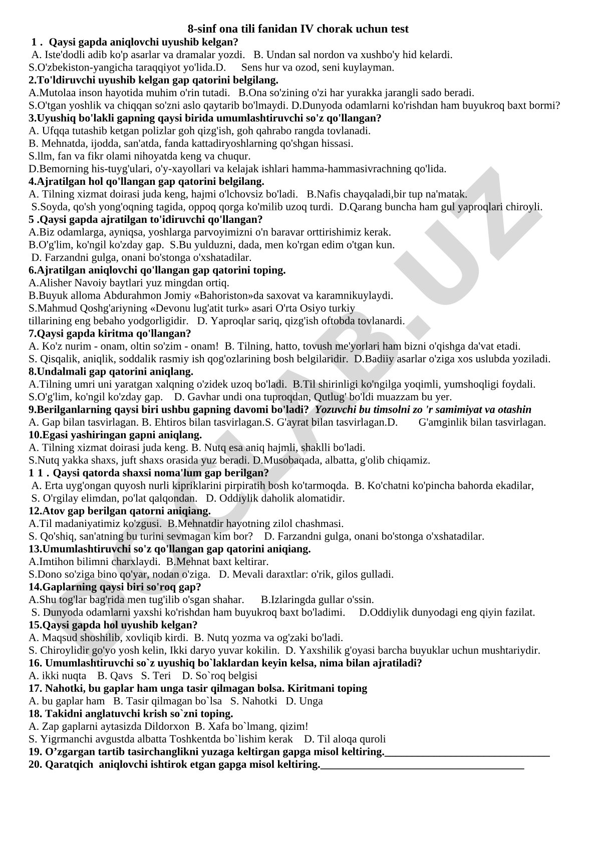 8-sinf ona tili fanidan IV chorak uchun test
