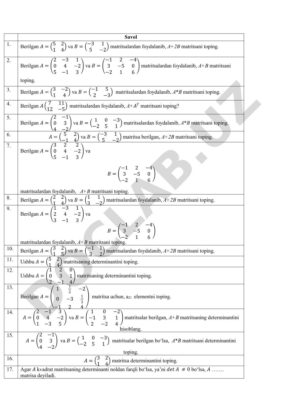 Matritsalar ustida amallar va determinant hisoblash