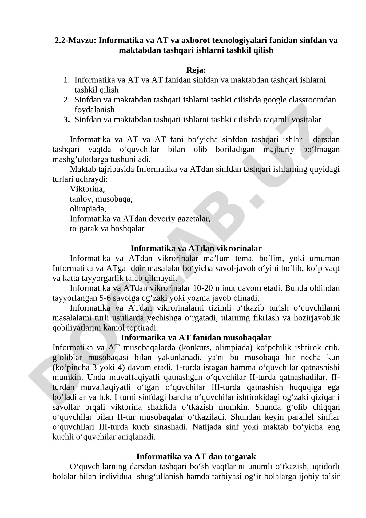 Informatika va AT va axborot texnologiyalari fanidan sinfdan va maktabdan tashqari ishlarni tashkil qilish