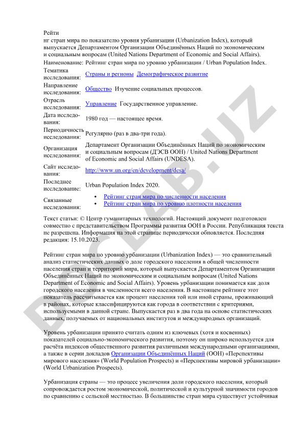 Рейтинг стран мира по уровню урбанизации