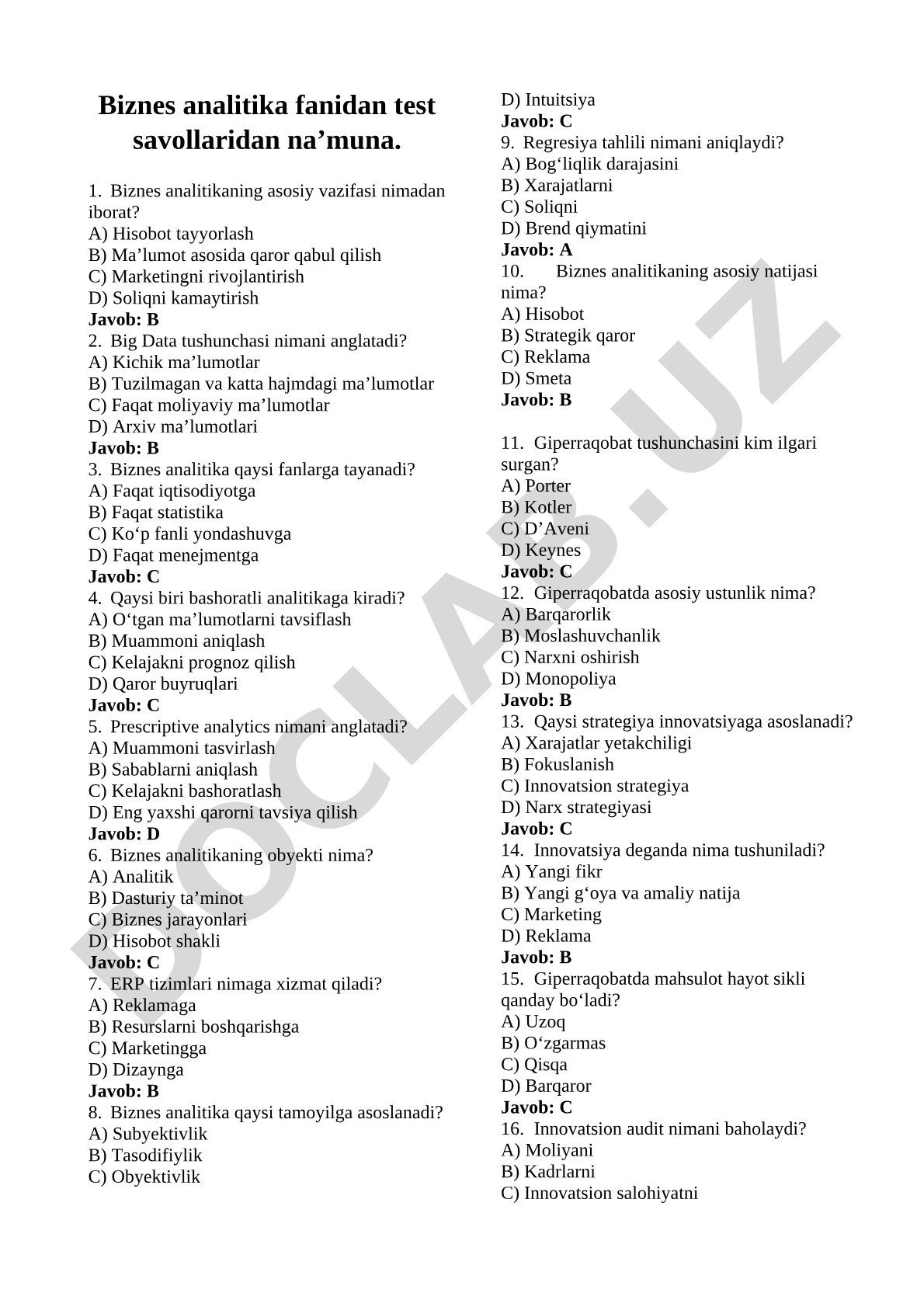 Biznes analitika fanidan test savollaridan na’muna