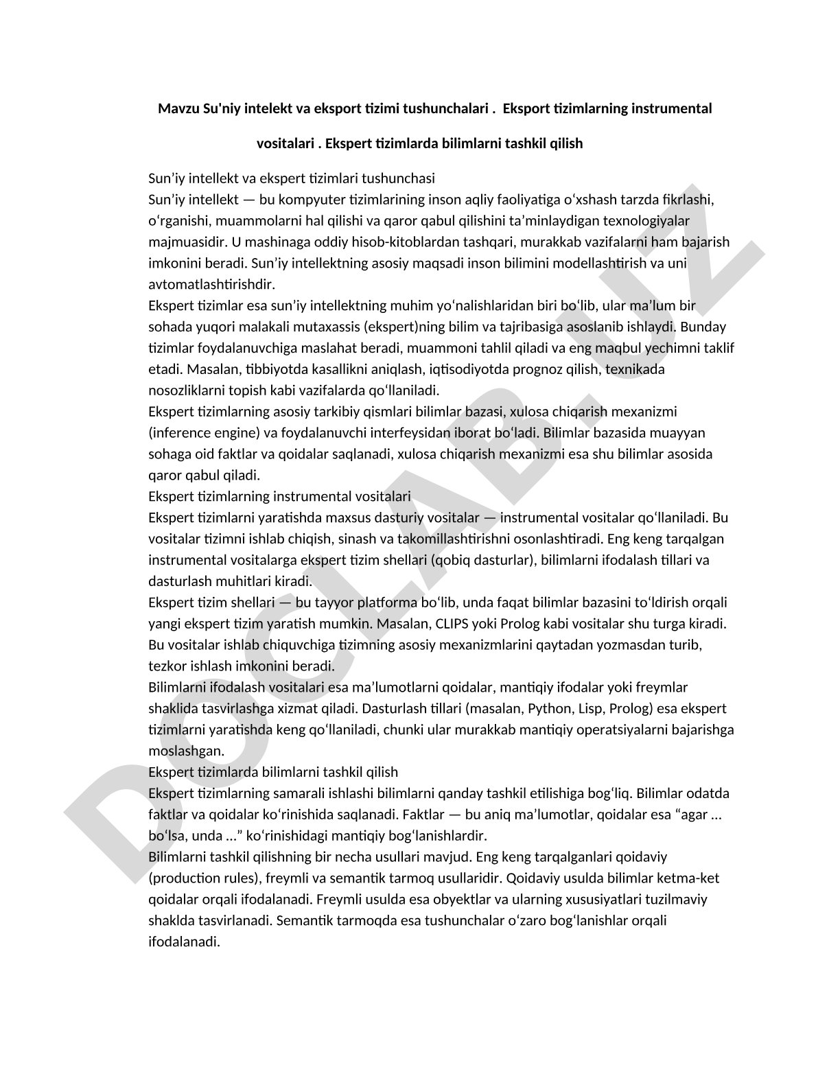 Mavzu Su'niy intelekt va eksport tizimi tushunchalari