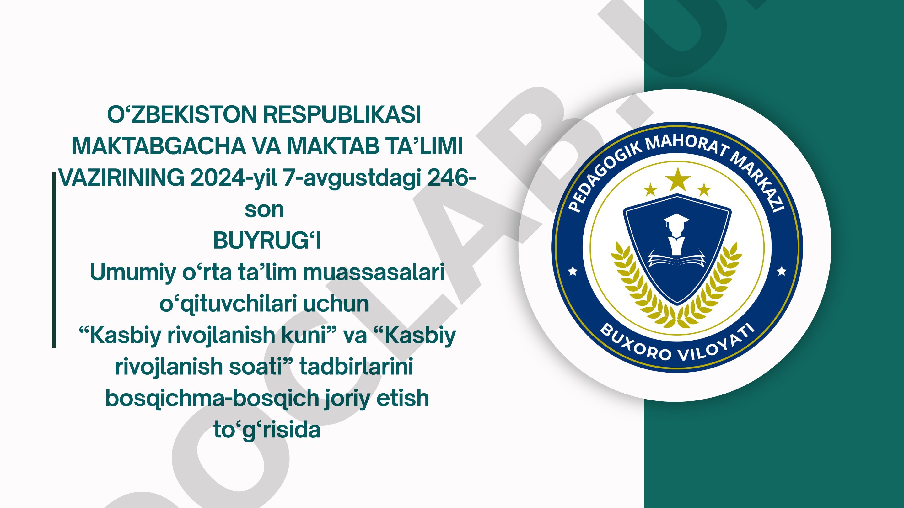Kasbiy rivojlanish kuni va soati tadbirlarini joriy etish