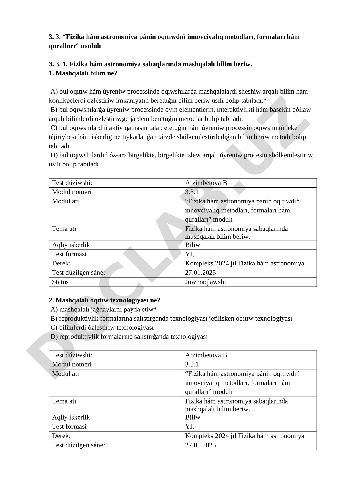 Fizika hám astronomiya sabaqlarında mashqalalı bilim beriw