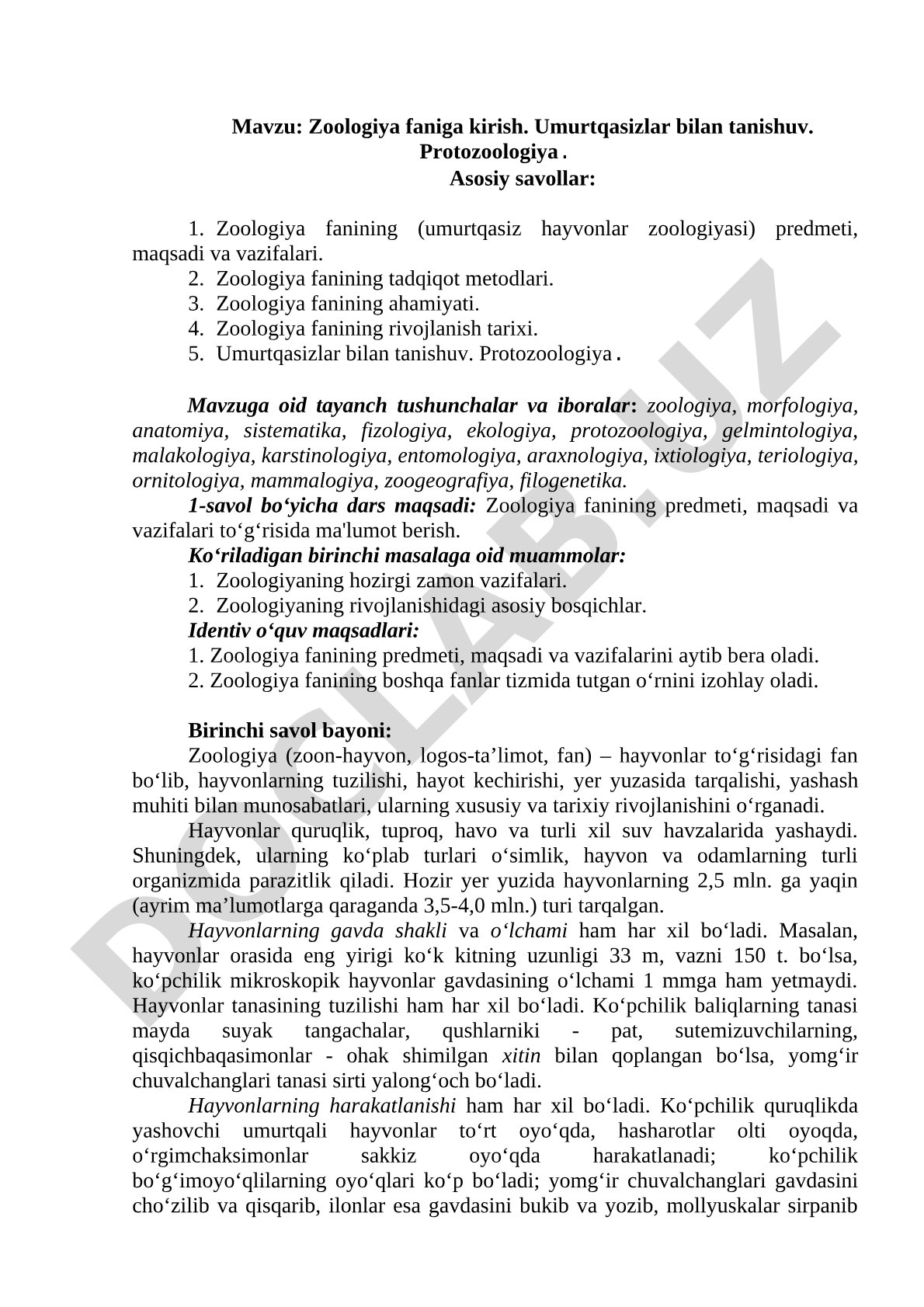 Zoologiya faniga kirish. Umurtqasizlar bilan tanishuv. Protozoologiya