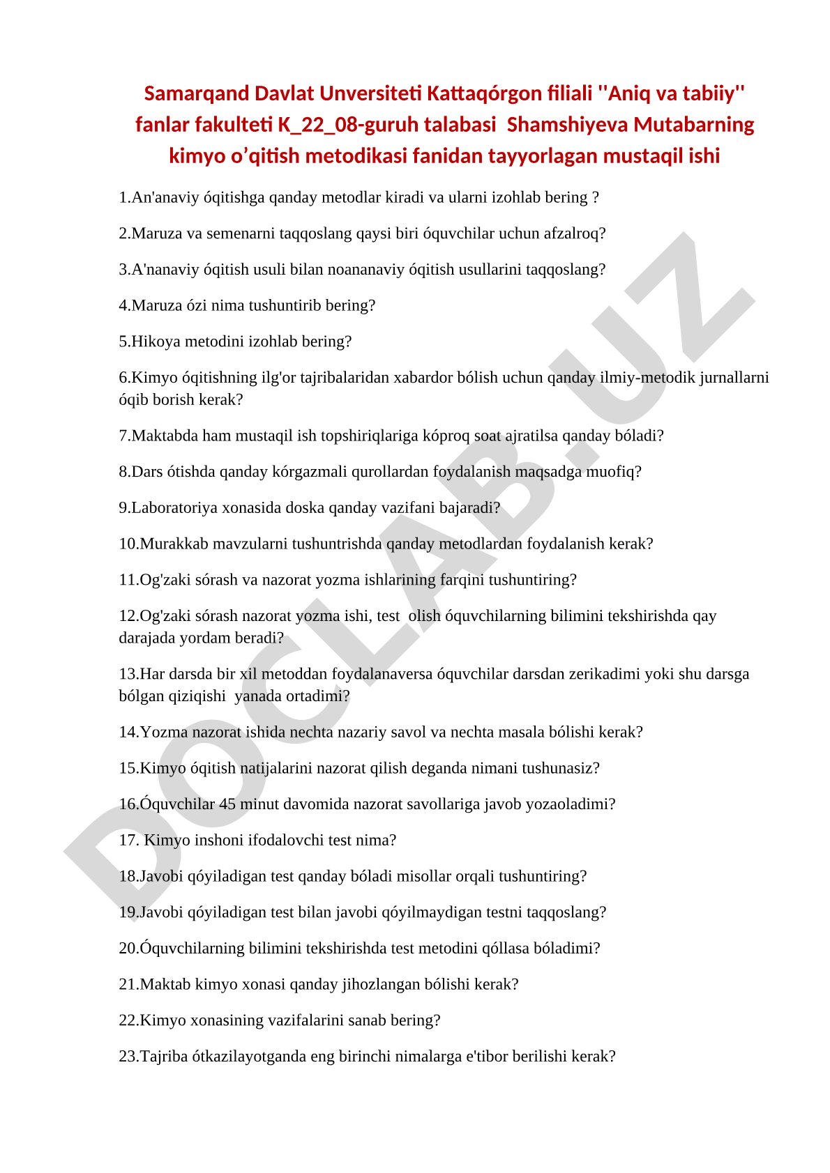 Kimyo o'qitish metodikasi fanidan savol va topshiriqlar