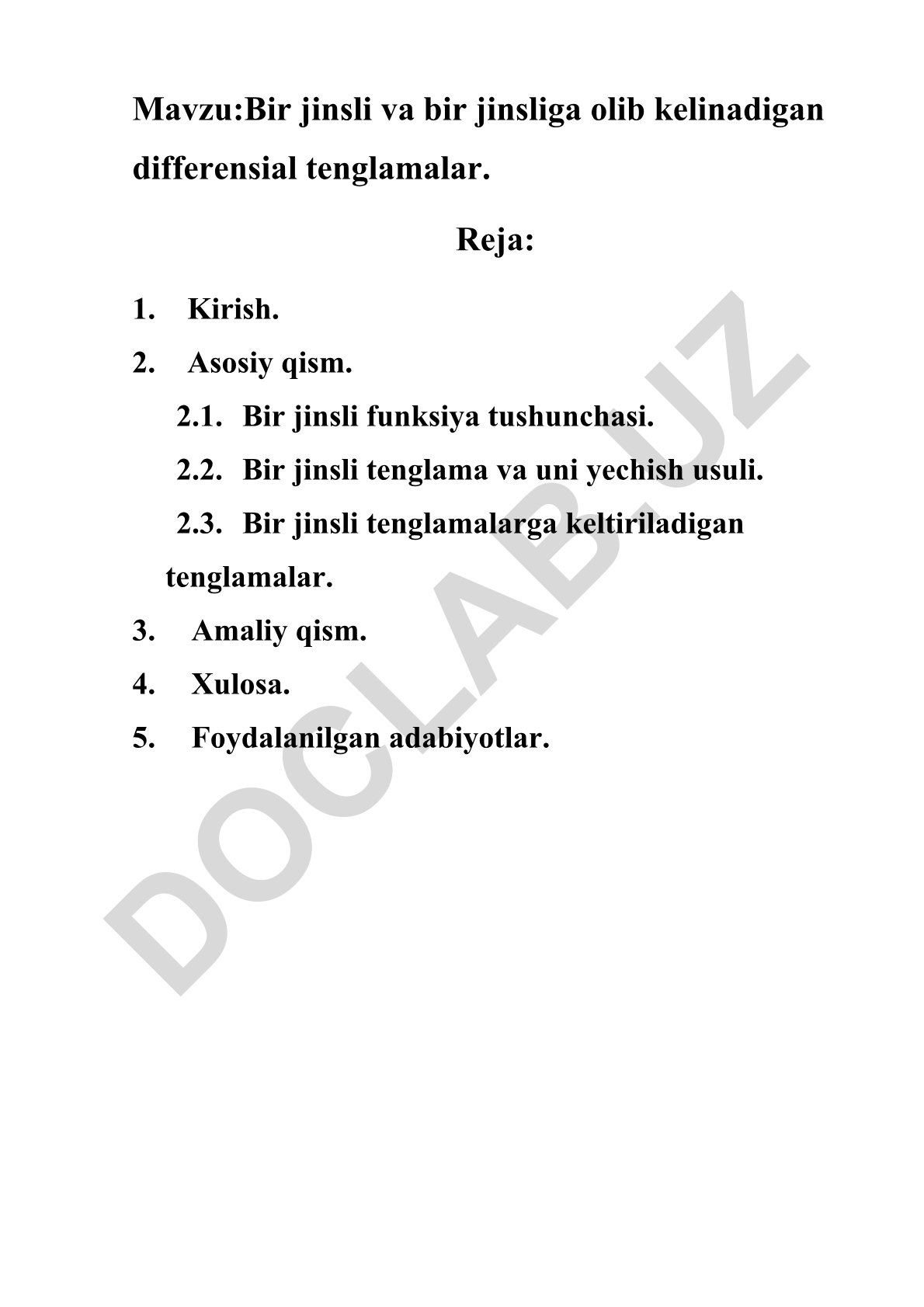 Bir jinsli va bir jinsliga olib kelinadigan differensial tenglamalar