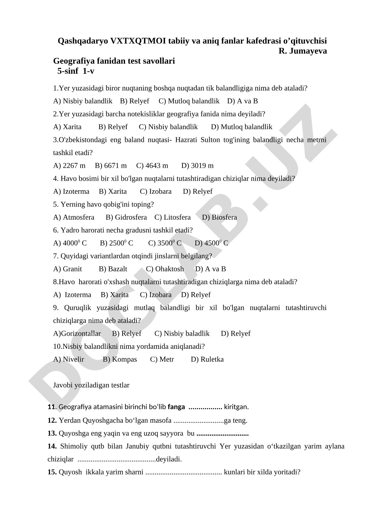 Geografiya fanidan test savollari 5-sinf 1-v