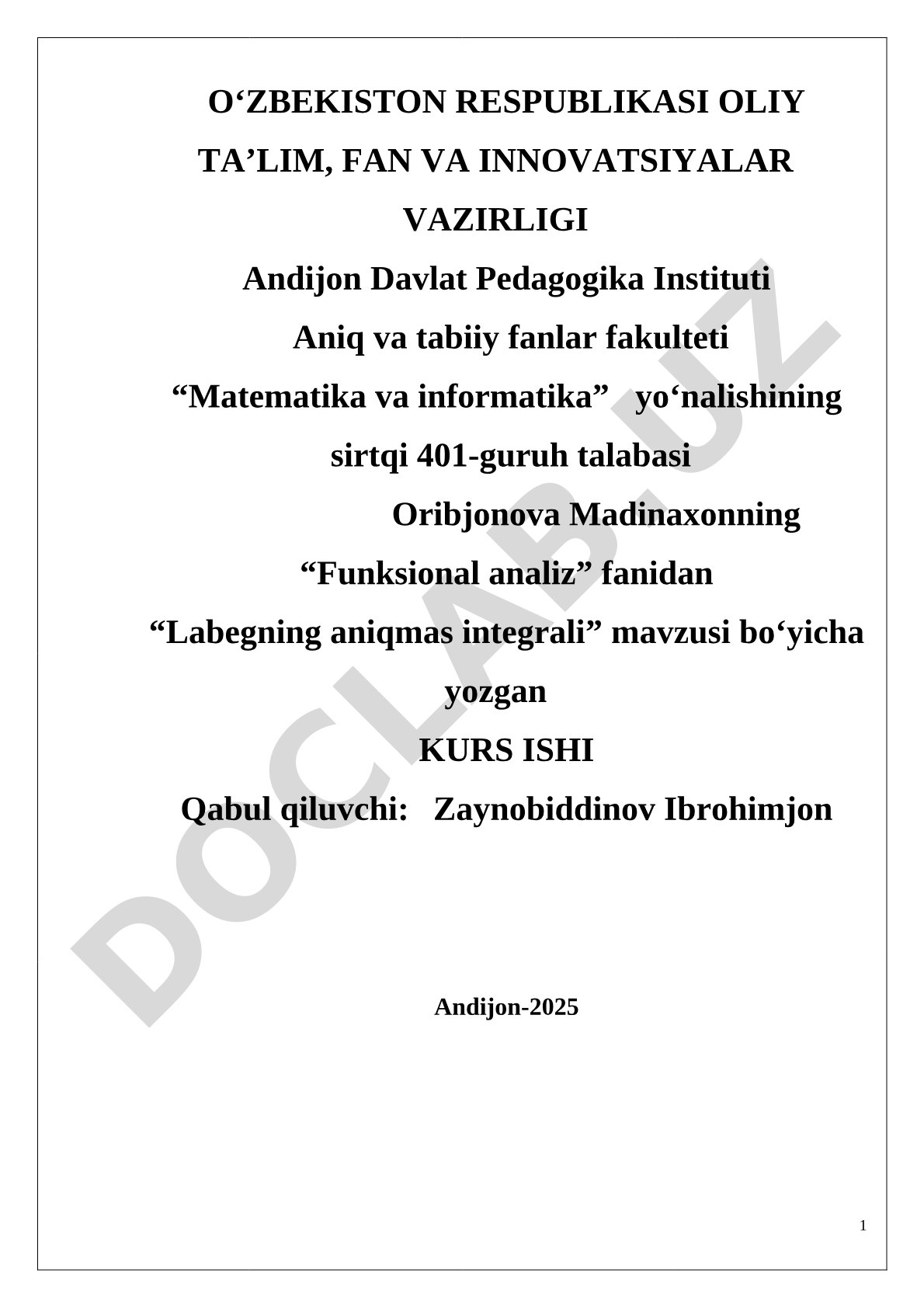 Kurs ishi Lebegning aniqmas integrali, matematik kutilma va Radona-Nikodim teoremasi