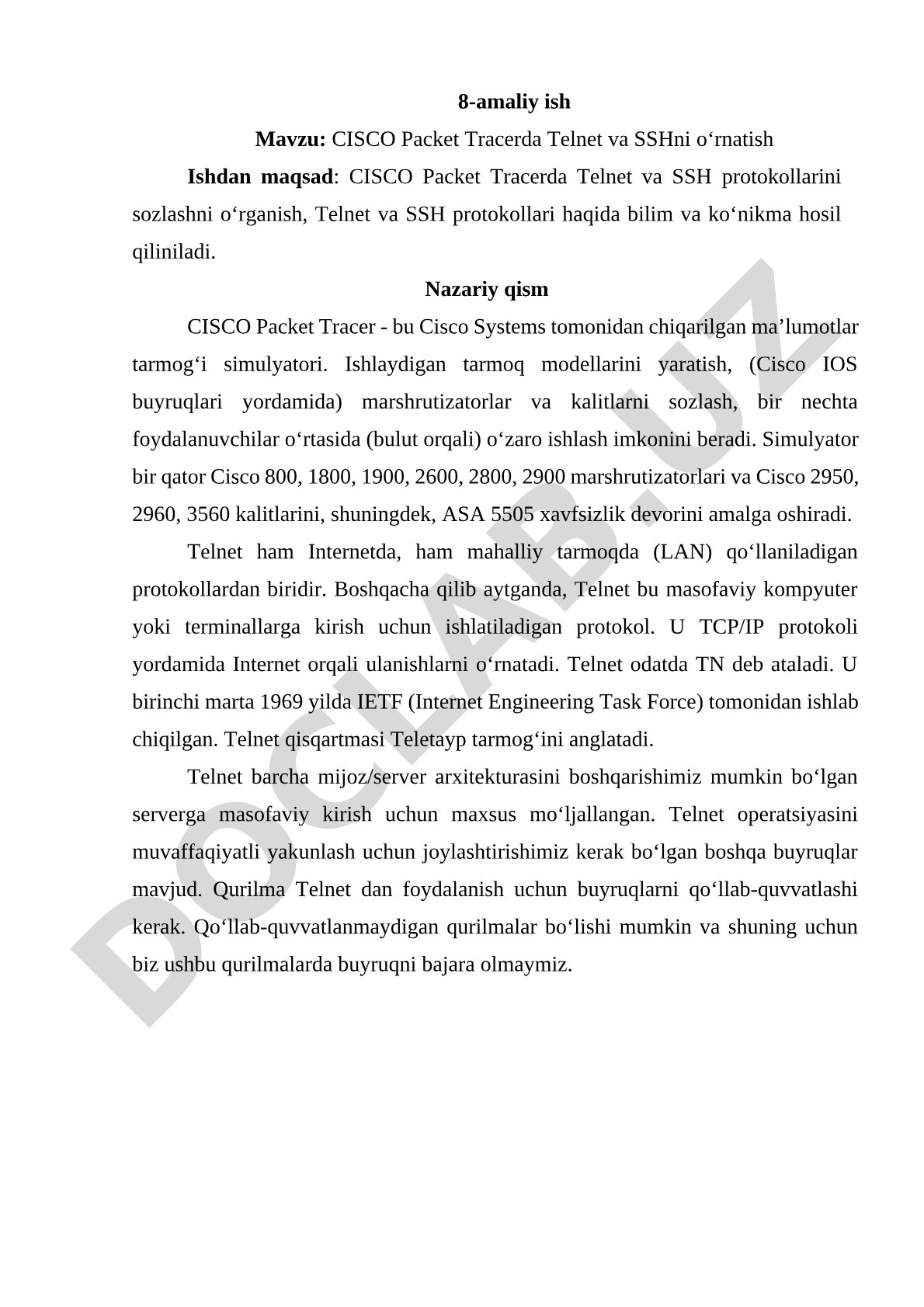 CISCO Packet Tracerda Telnet va SSHni o‘rnatish