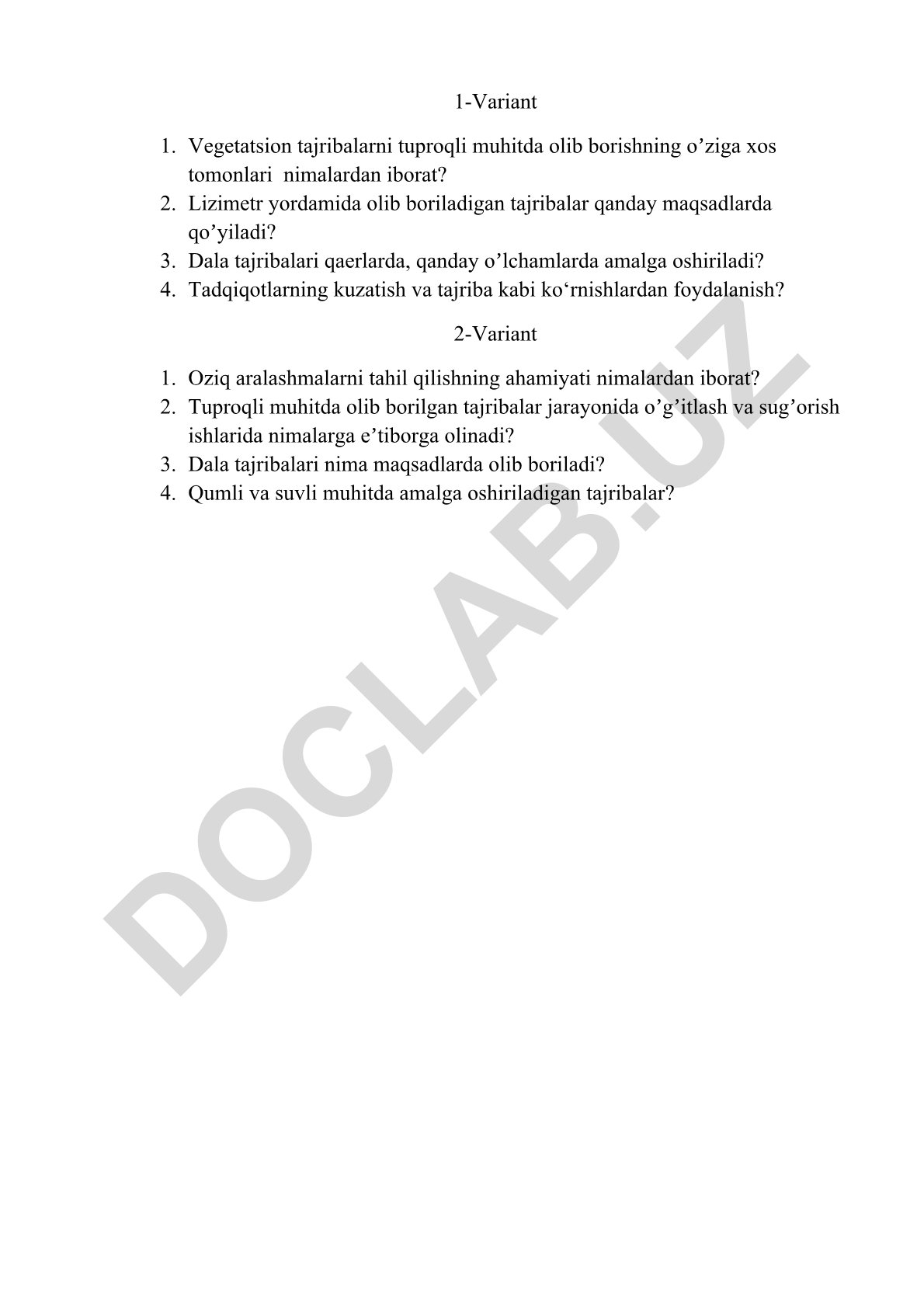 Tuproqli muhitda vegetatsion tajribalar va oziq aralashmalarni tahil qilish