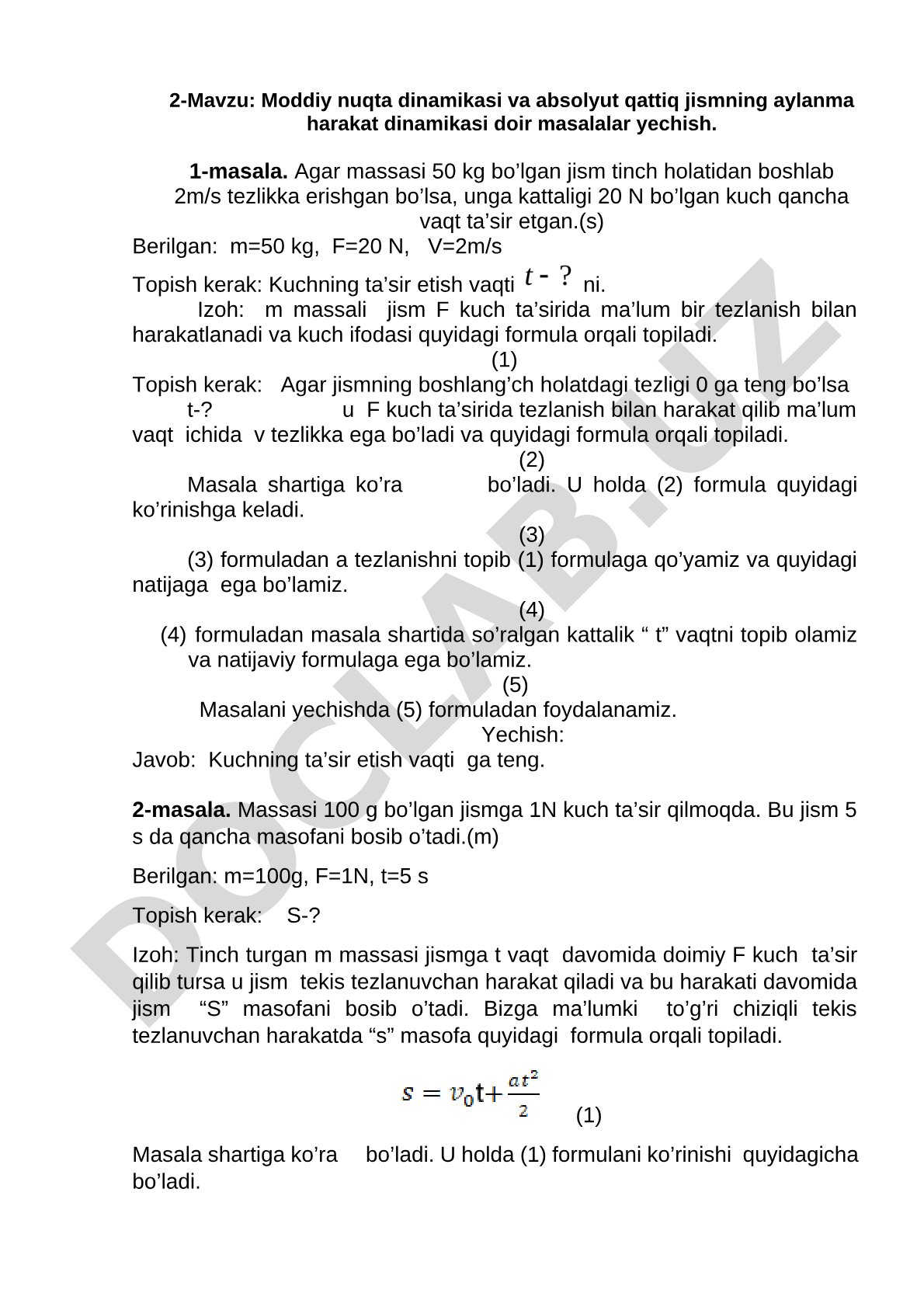 Moddiy nuqta dinamikasi va absolyut qattiq jismning aylanma harakat dinamikasi doir masalalar yechish
