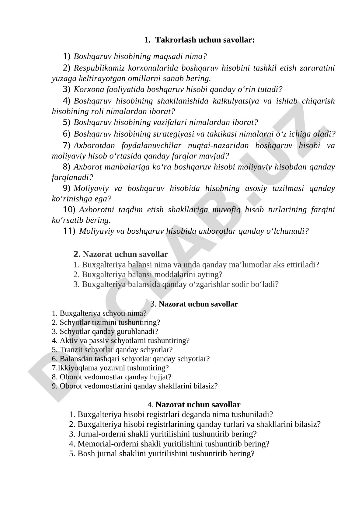 Boshqaruv hisobi, balans va schyotlar savollari