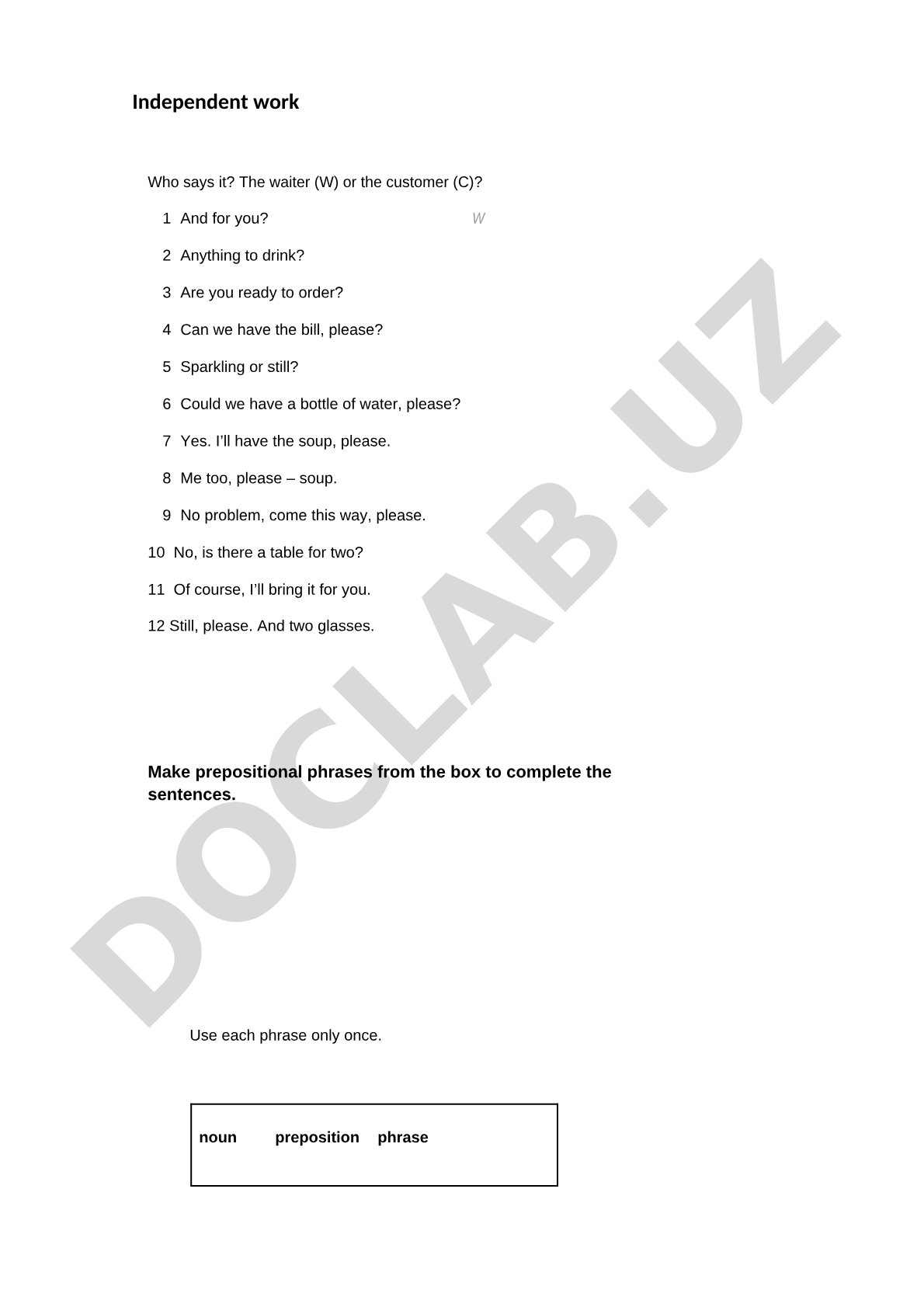 Restaurant English: Waiter-Customer Phrases and Prepositional Phrases