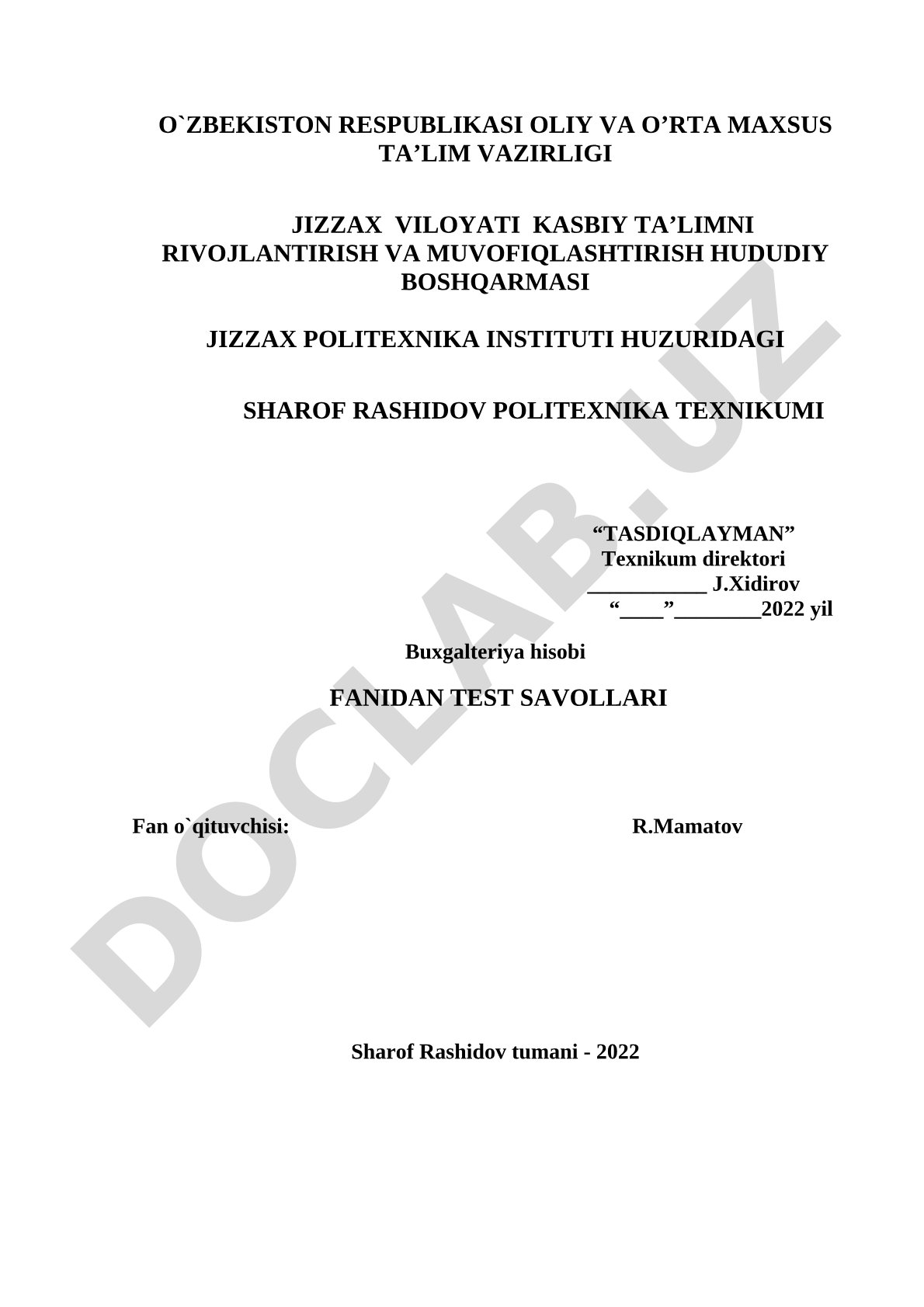 Buxgalteriya hisobi fanidan test savollari