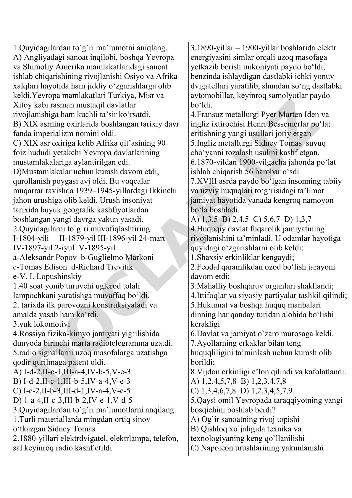 Sanoat inqilobi va imperializm davri testi