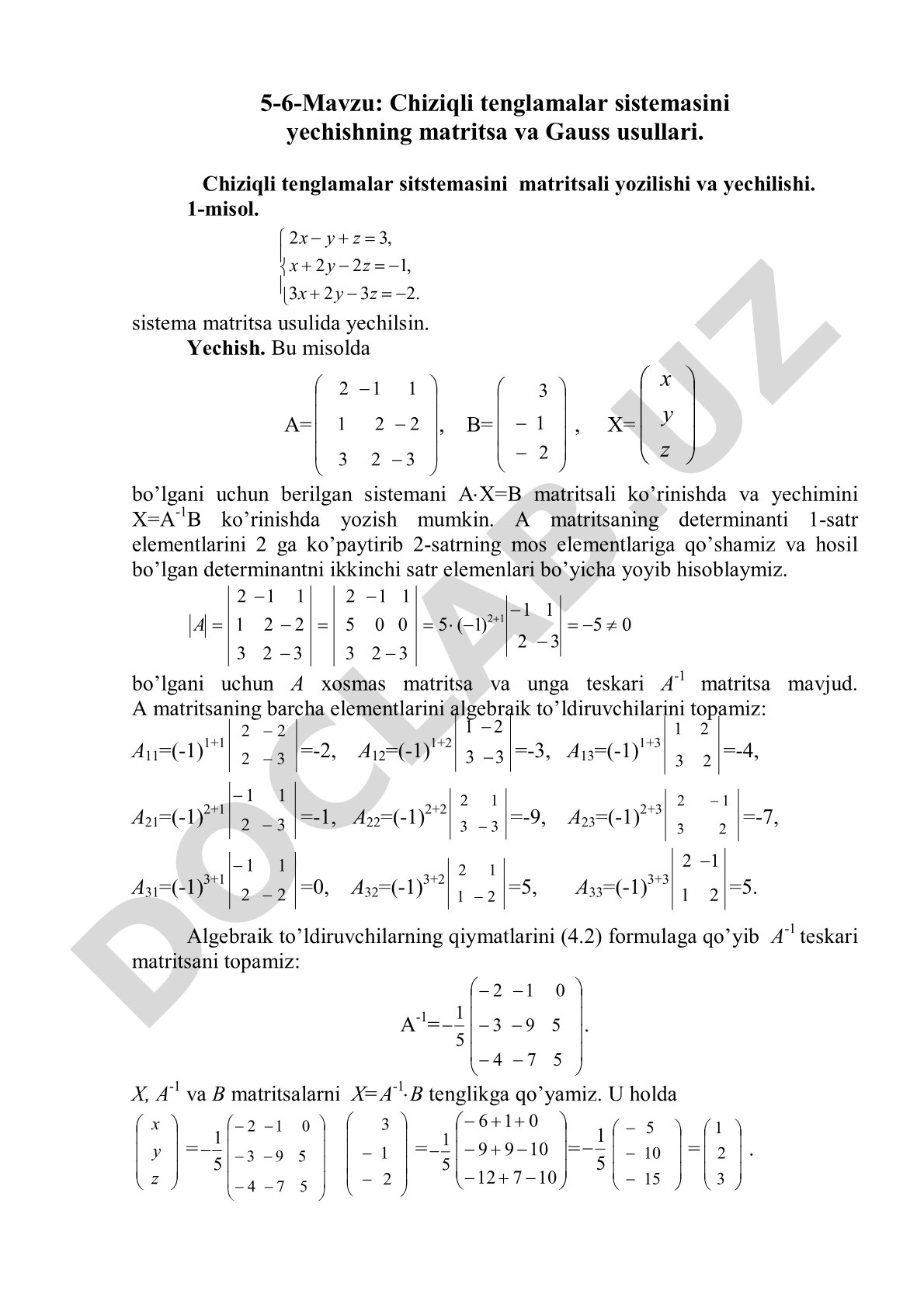 Chiziqli tenglamalar sistemasini yechishning matritsa va Gauss usullari