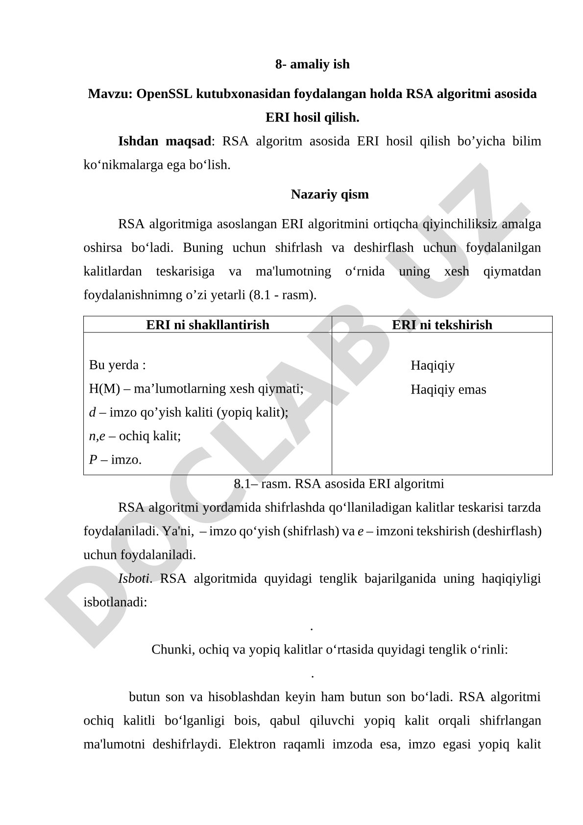 OpenSSL kutubxonasidan foydalangan holda RSA algoritmi asosida ERI hosil qilish