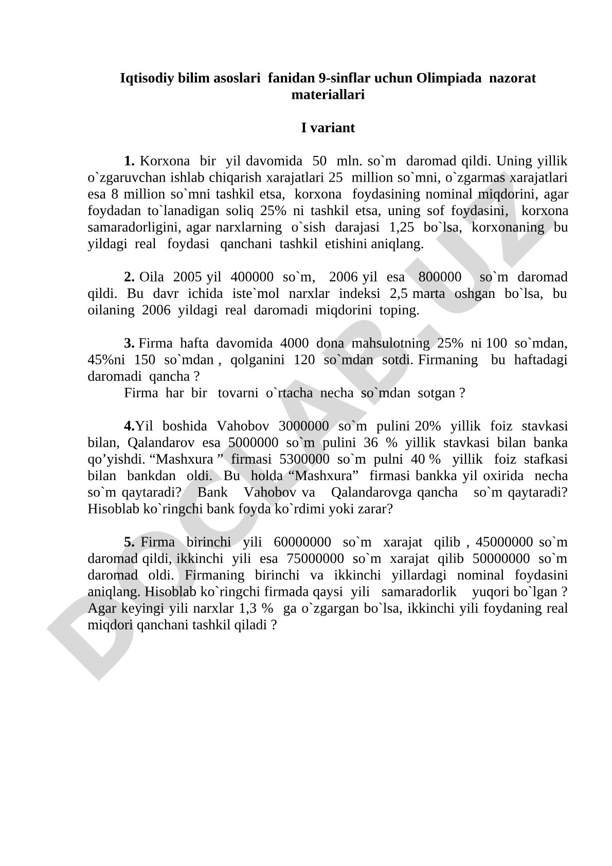 Iqtisodiy bilim asoslari fanidan 9-sinflar uchun Olimpiada nazorat materiallari I variant