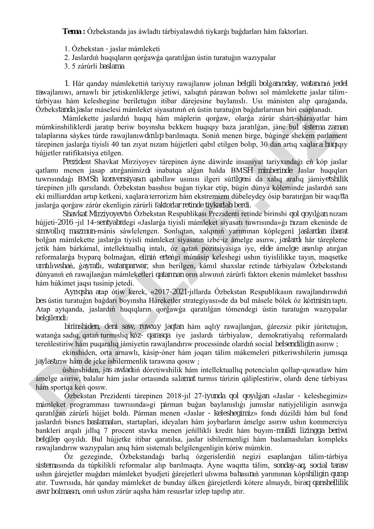 Ózbekstanda jas áwladtı tárbiyalawdıń tiykarǵı baǵdarları hám faktorları