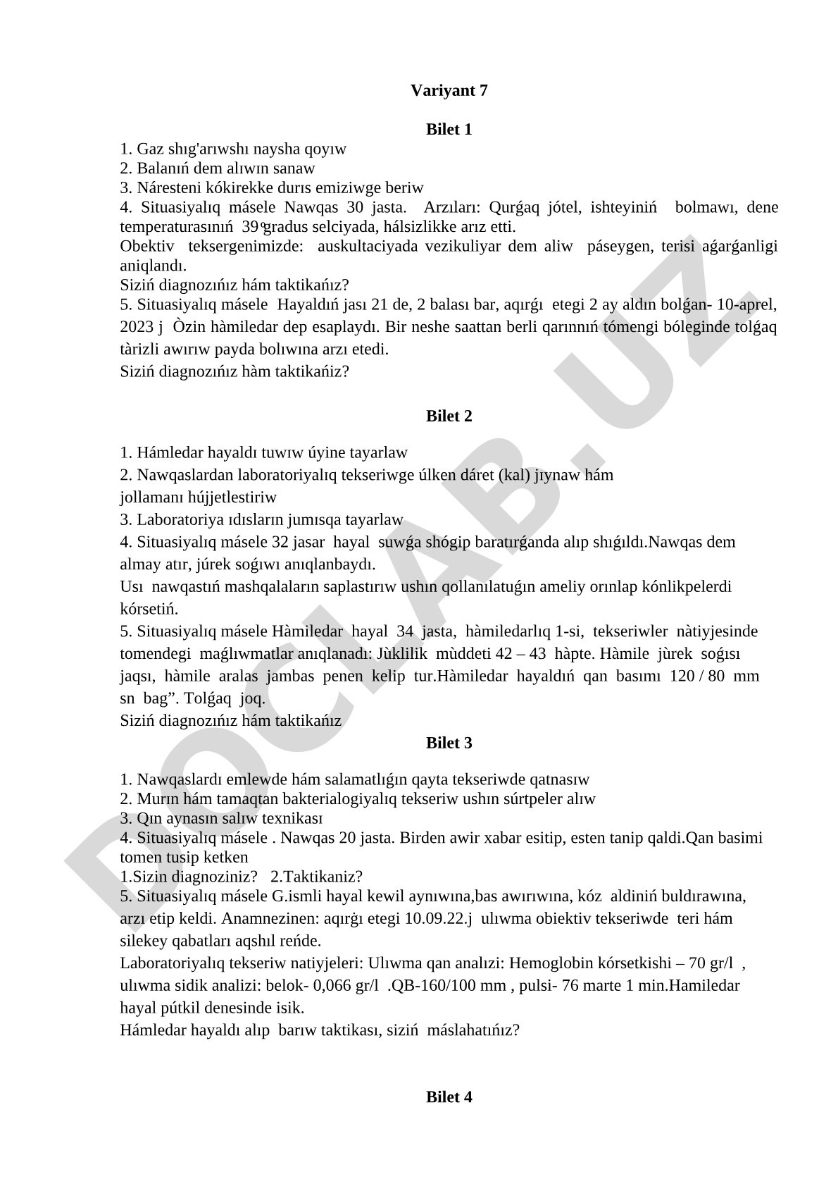 Akusherlik hám pediatriya boyınsha imtixan biletleri