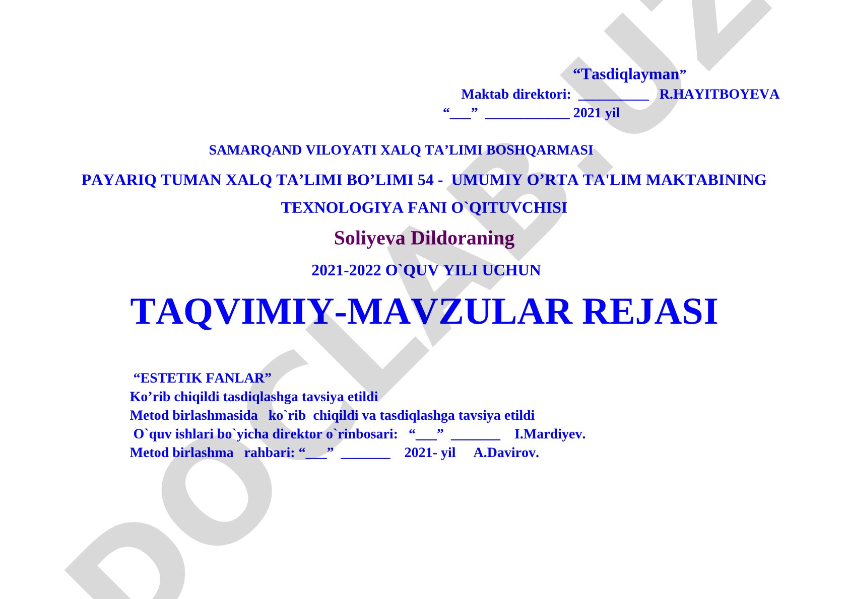 Texnologiya fanidan 5-sinf uchun taqvimiy-mavzular rejasi