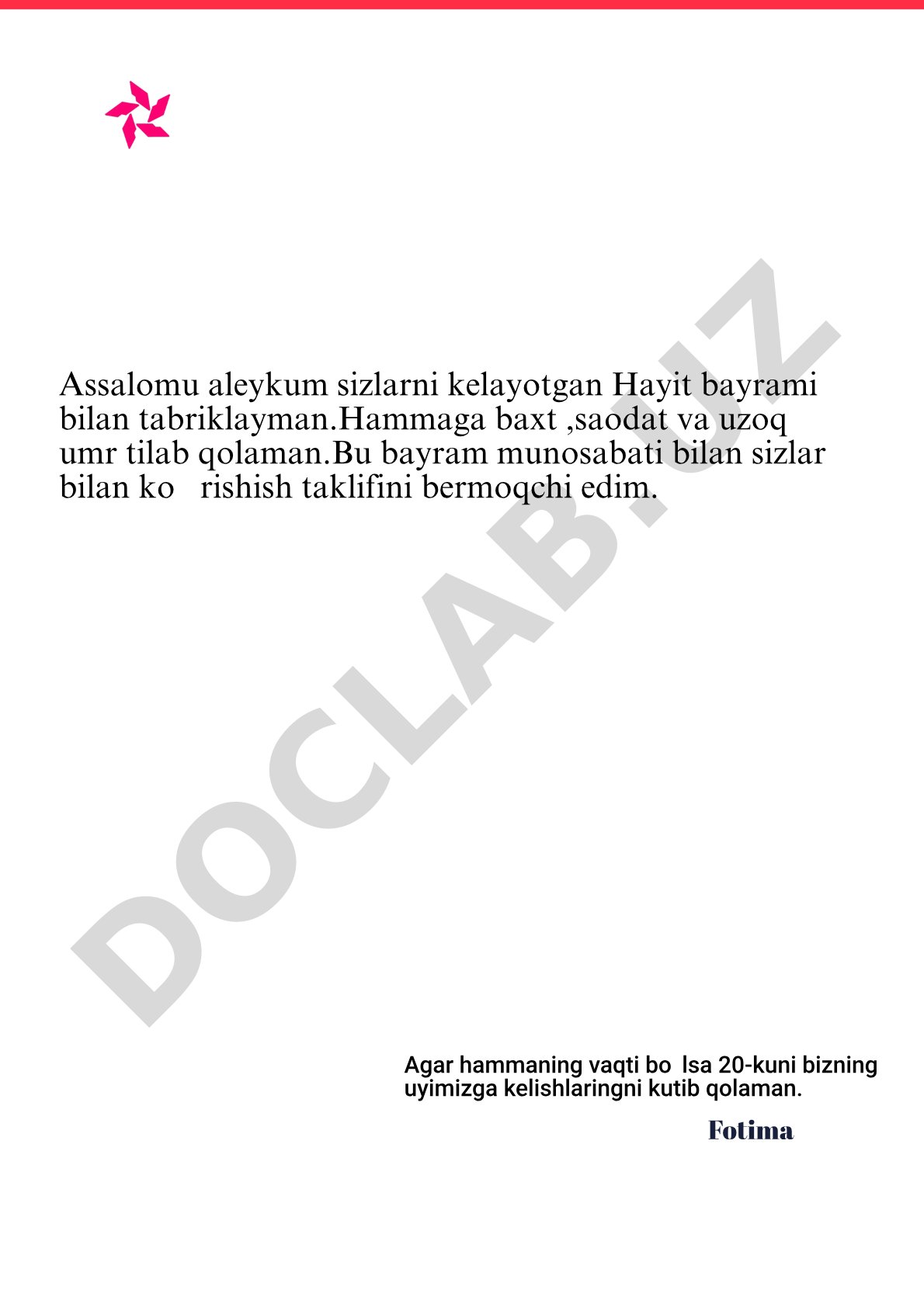 Fotimaning Hayit bayrami tabrigi va uyga taklif