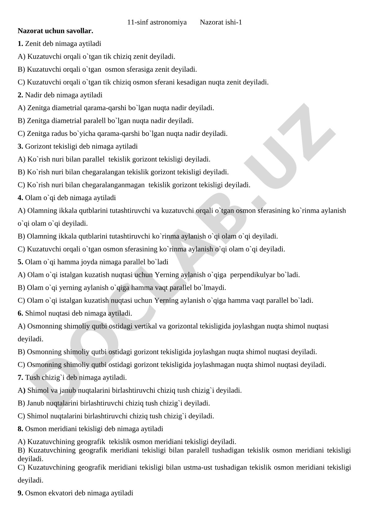 11-sinf astronomiya nazorat ishi savollari