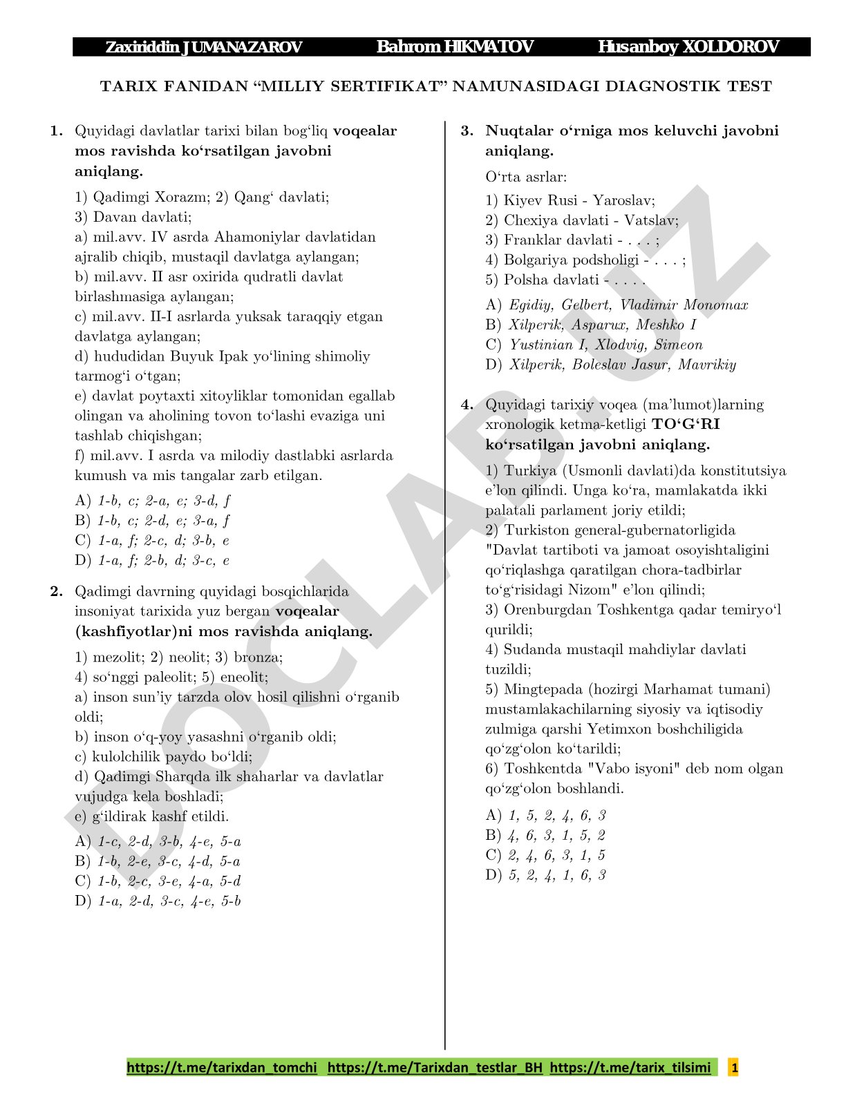 TARIX FANIDAN “MILLIY SERTIFIKAT” NAMUNASIDAGI DIAGNOSTIK TEST