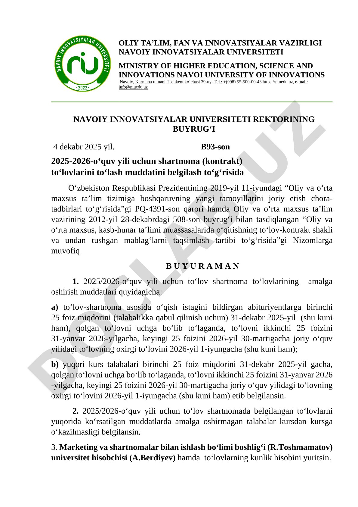 2025-2026-o‘quv yili uchun shartnoma (kontrakt) to‘lovlarini to‘lash muddatini belgilash to‘g‘risida