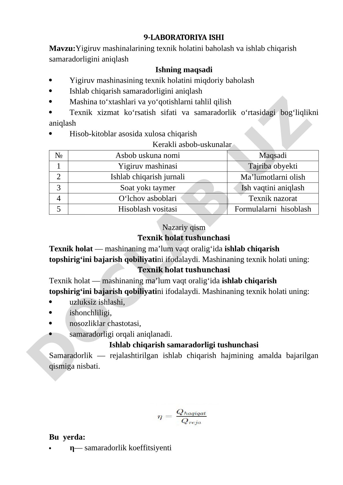 Yigiruv mashinalarining texnik holatini baholash va ishlab chiqarish samaradorligini aniqlash