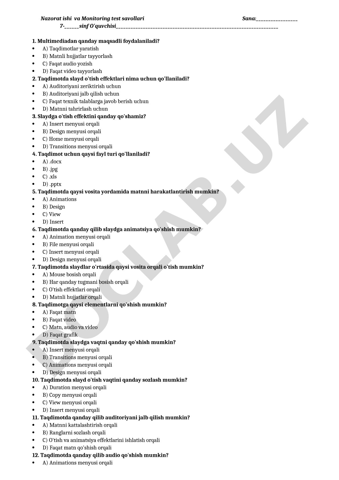 Nazorat ishi va Monitoring test savollari