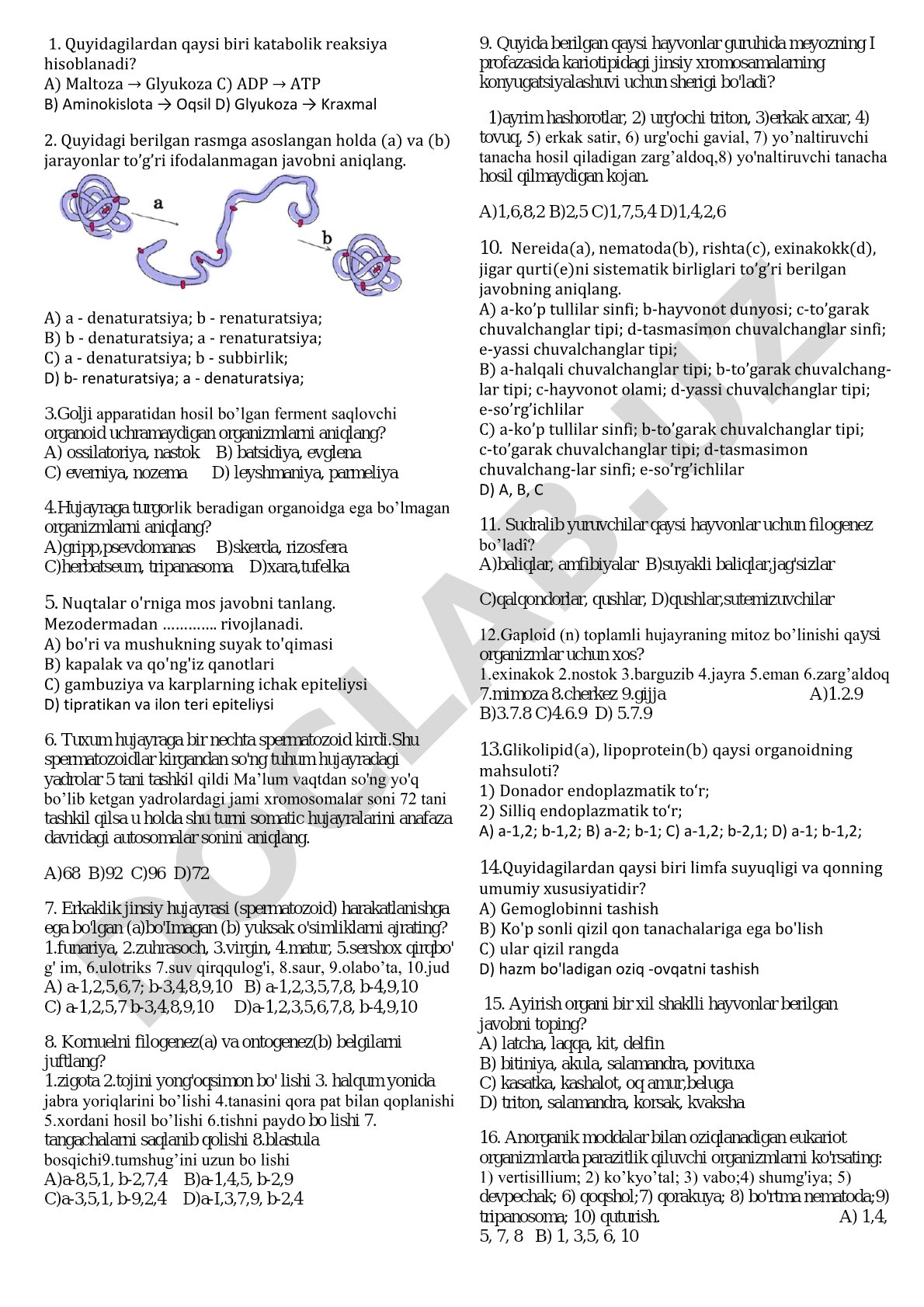 Biologiya fanidan katabolik reaksiya va hujayra organoidlari testi