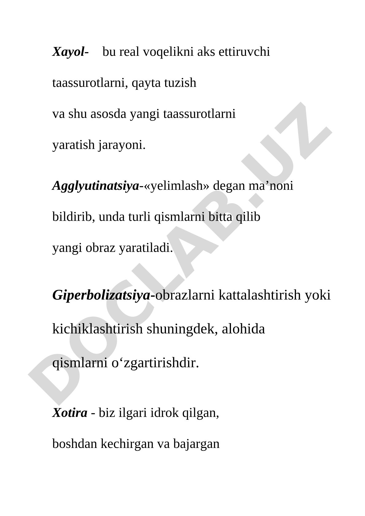 Xayol, agglyutinatsiya, giperbolizatsiya, xotira va uning turlari