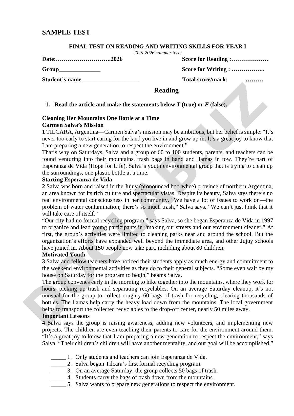 Final Test on Reading and Writing Skills for Year I